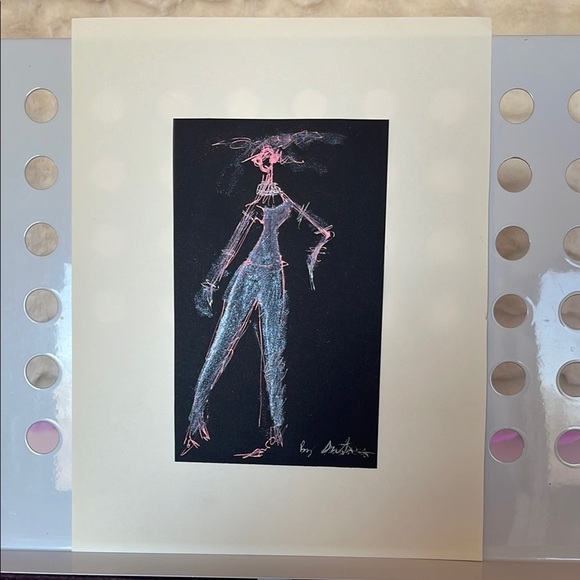 Hand made fashion sketch of ink on black paper with Pink and Blue Accents NWT - Picture 1 of 9